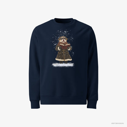 Pug Sweatshirt – Men Navy Sweatshirt Classic – Singing Christmas Carols in the Snow (on White Background)