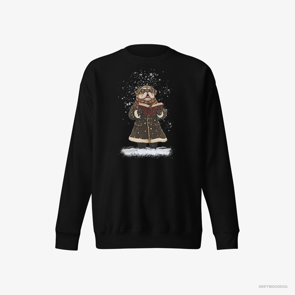 Pug Sweatshirt – Men Black Sweatshirt Eco-Friendly – Singing Christmas Carols in the Snow (on White Background)