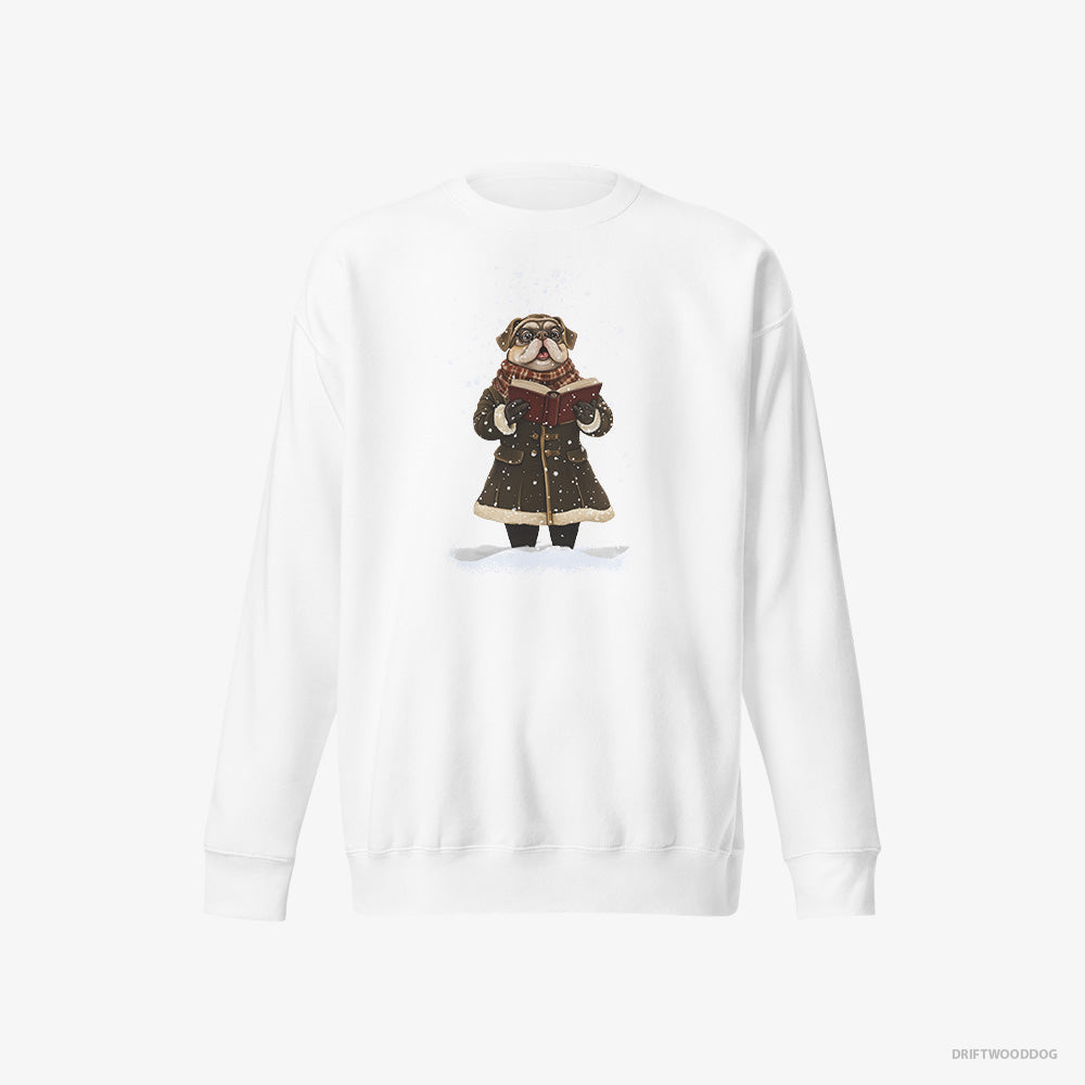 Pug Sweatshirt – Women White Sweatshirt Eco-Friendly – Singing Christmas Carols in the Snow (on White Background)