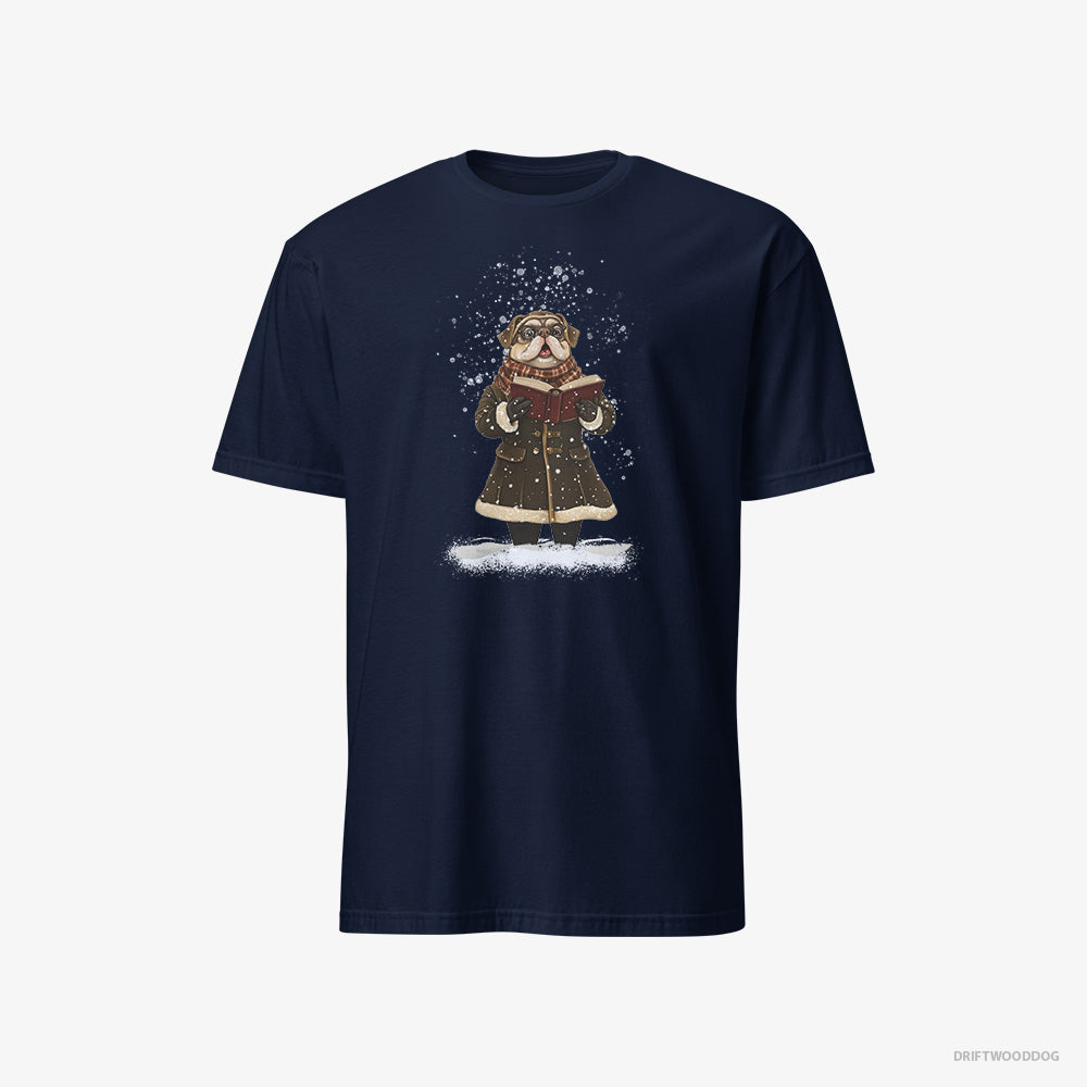 Pug T-Shirt – Men Navy T-Shirt Classic – Singing Christmas Carols in the Snow (on White Background)