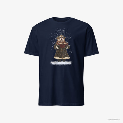 Pug Singing Christmas Carols in the Snow Navy T-Shirt