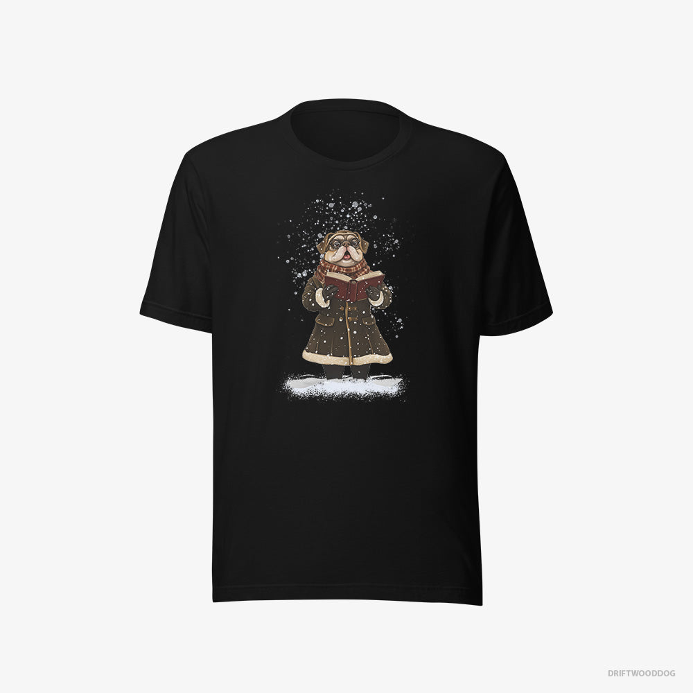 Pug T-Shirt – Men Black T-Shirt Eco-Friendly – Singing Christmas Carols in the Snow (on White Background)