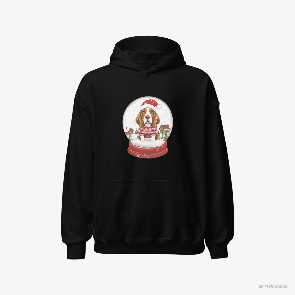 Basset Hound Hoodie – Women Black Hoodie Classic – Encased in a Christmas Snow Globe (on White Background)