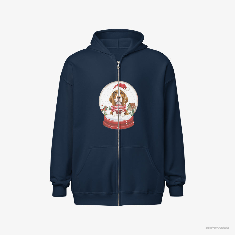 Basset Hound Hoodie – Men Navy Hoodie Full-Zip – Encased in a Christmas Snow Globe (on White Background)