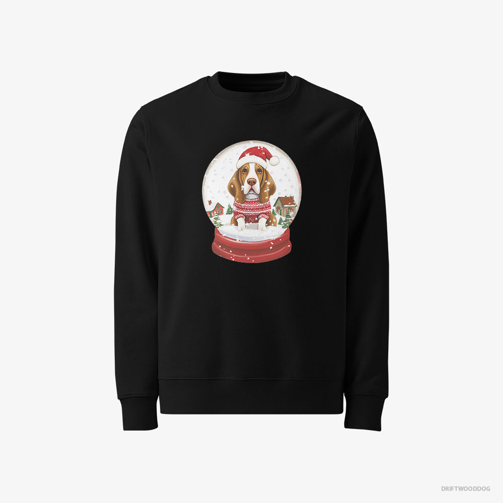 Basset Hound Sweatshirt – Men Black Sweatshirt Classic – Encased in a Christmas Snow Globe (on White Background)