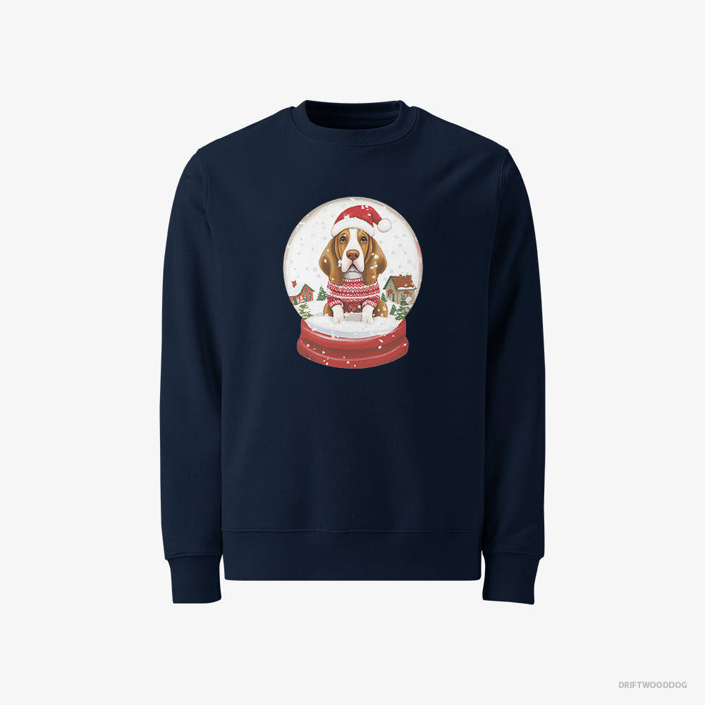 Basset Hound Sweatshirt – Men Navy Sweatshirt Classic – Encased in a Christmas Snow Globe (on White Background)