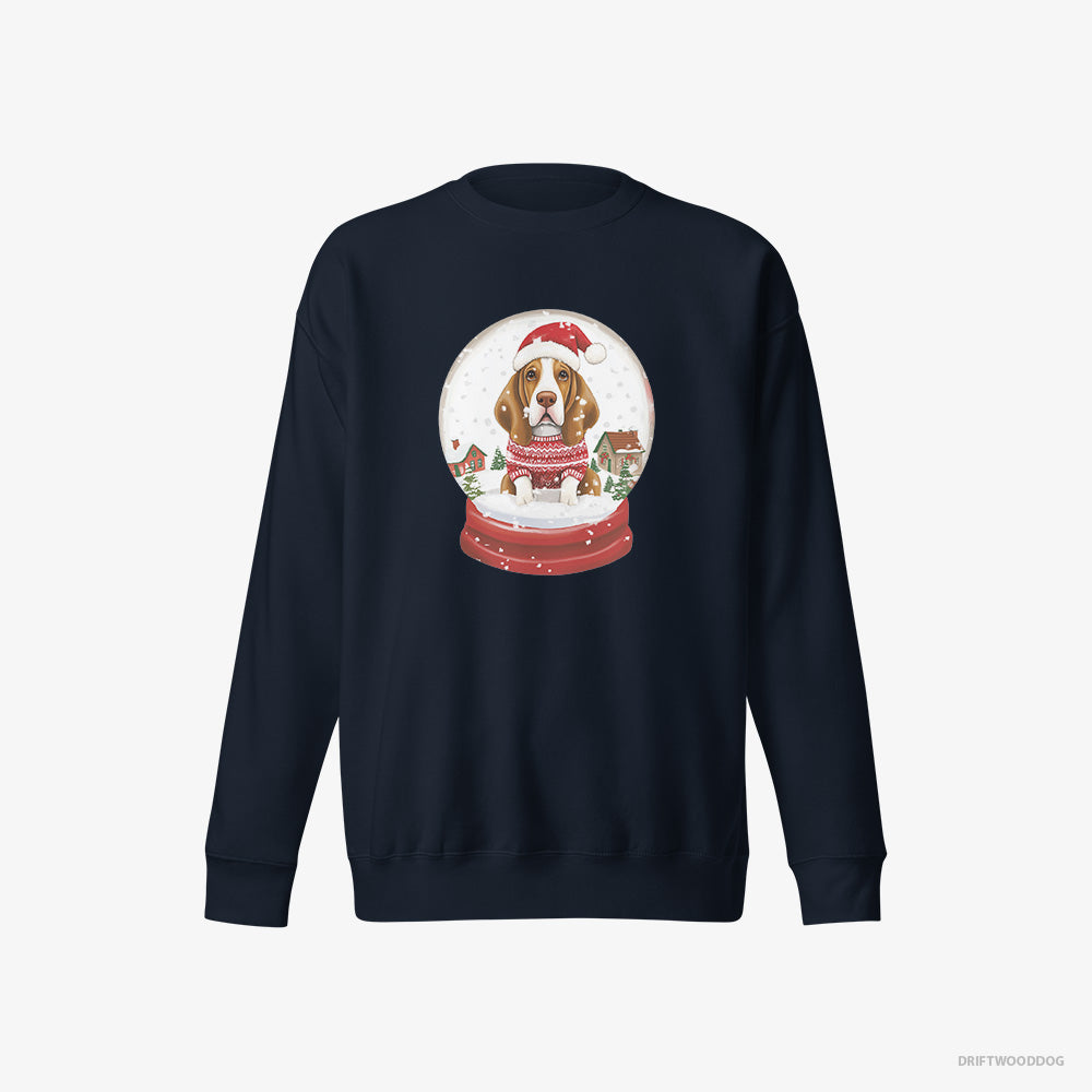 Basset Hound Sweatshirt – Men Navy Sweatshirt Eco-Friendly – Encased in a Christmas Snow Globe (on White Background)