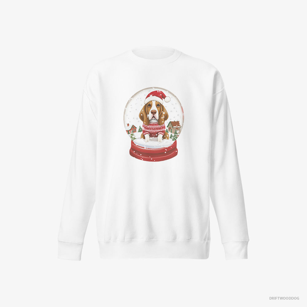 Basset Hound Sweatshirt – Men White Sweatshirt Eco-Friendly – Encased in a Christmas Snow Globe (on White Background)