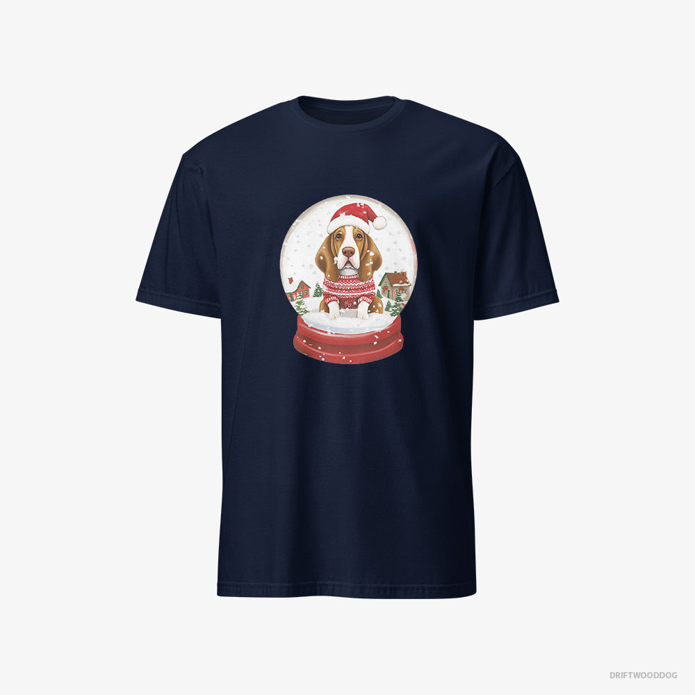 Basset Hound T-Shirt – Men Navy T-Shirt Classic – Encased in a Christmas Snow Globe (on White Background)