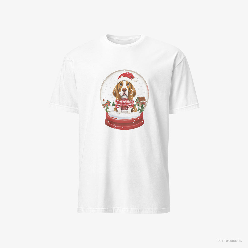 Basset Hound T-Shirt – Men White T-Shirt Classic – Encased in a Christmas Snow Globe (on White Background)