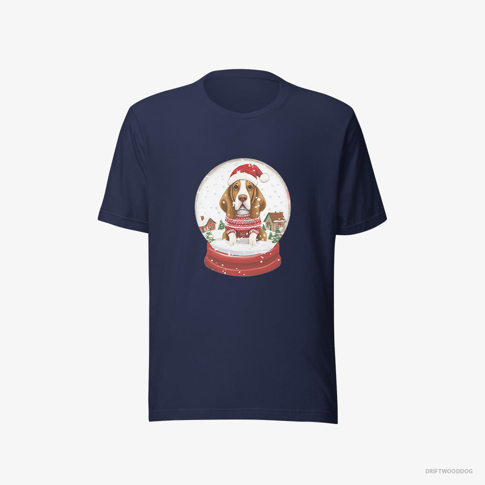 Basset Hound T-Shirt – Men Navy T-Shirt Eco-Friendly – Encased in a Christmas Snow Globe (on White Background)