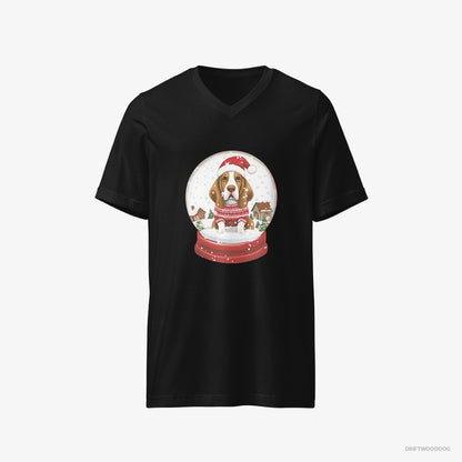 Basset Hound T-Shirt – Men Black T-Shirt V-Neck – Encased in a Christmas Snow Globe (on White Background)