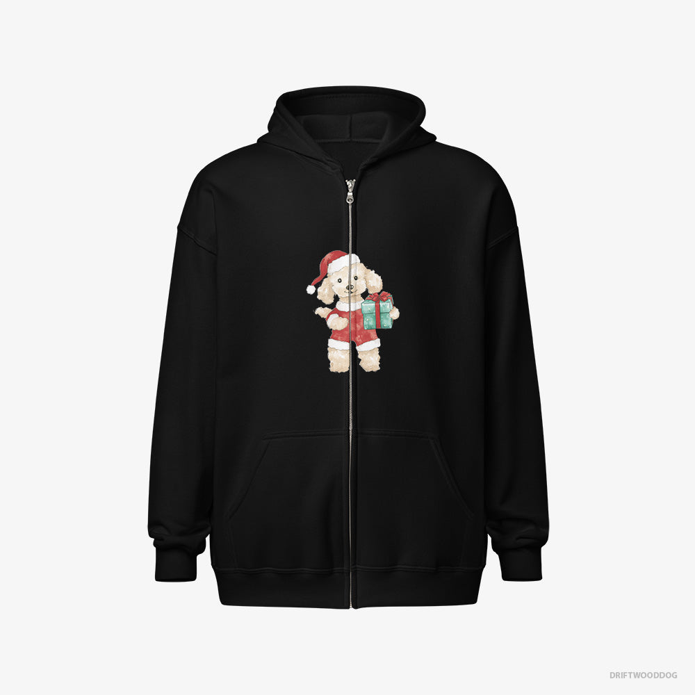 Poodle Hoodie – Men Black Hoodie Full-Zip – in a Santa Costume (on White Background)