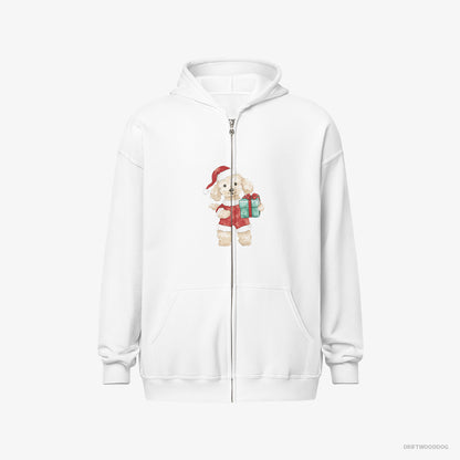 Poodle Hoodie – Men White Hoodie Full-Zip – in a Santa Costume (on White Background)