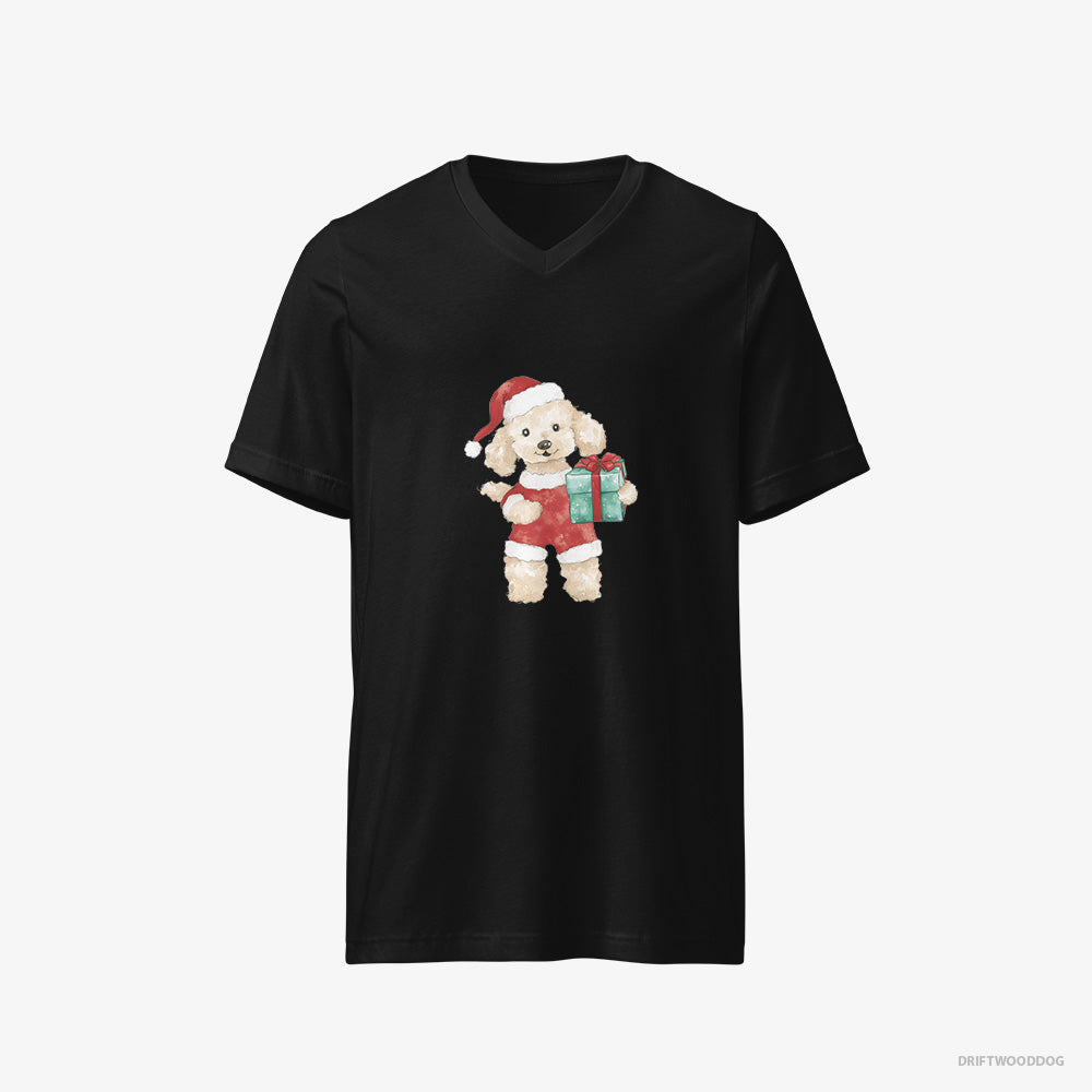 Poodle T-Shirt – Men Black T-Shirt V-Neck – in a Santa Costume (on White Background)