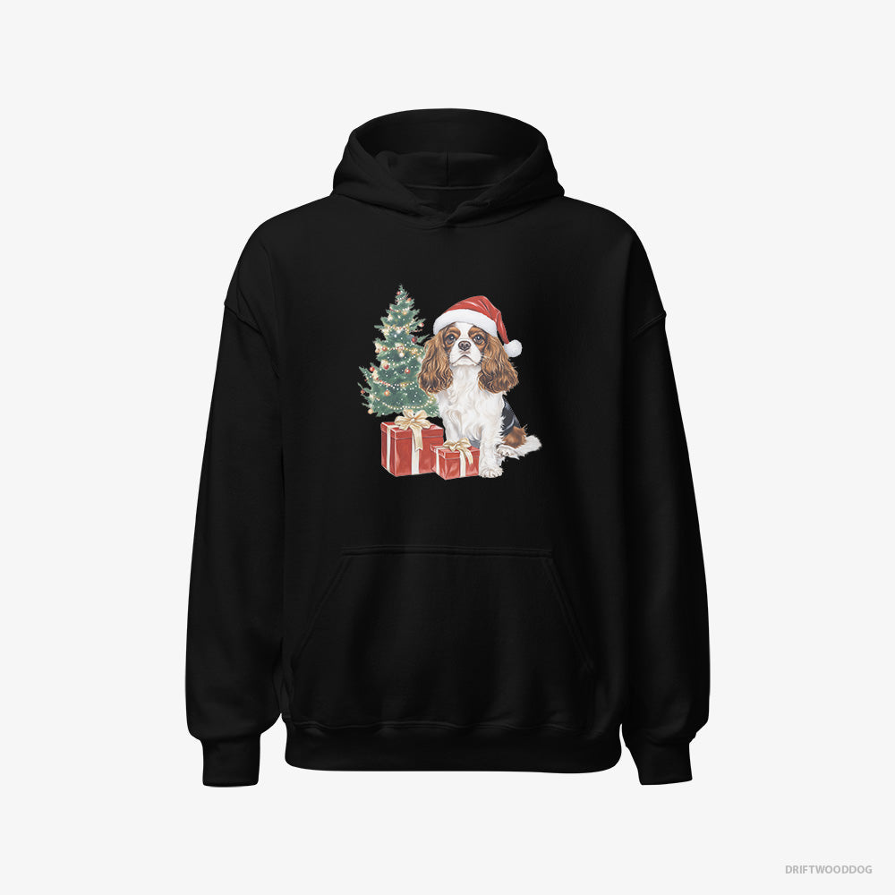 Cavalier King Charles Spaniel Hoodie – Women Black Hoodie Classic – Sitting by the Christmas Tree (on White Background)