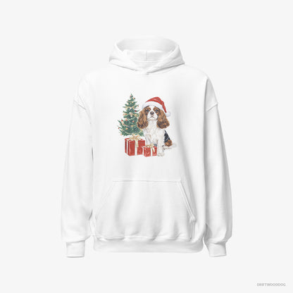 Cavalier King Charles Spaniel Hoodie – Women White Hoodie Classic – Sitting by the Christmas Tree (on White Background)