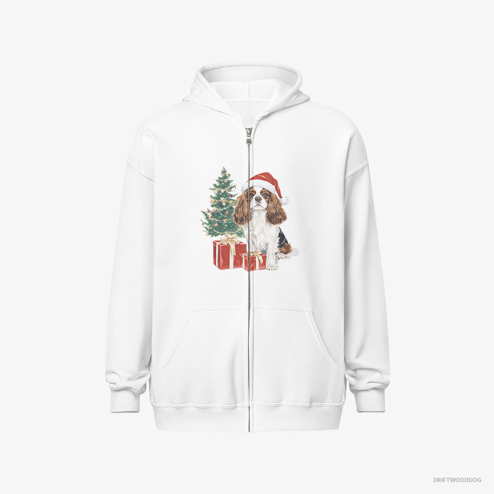 Cavalier King Charles Spaniel Hoodie – Men White Hoodie Full-Zip – Sitting by the Christmas Tree (on White Background)