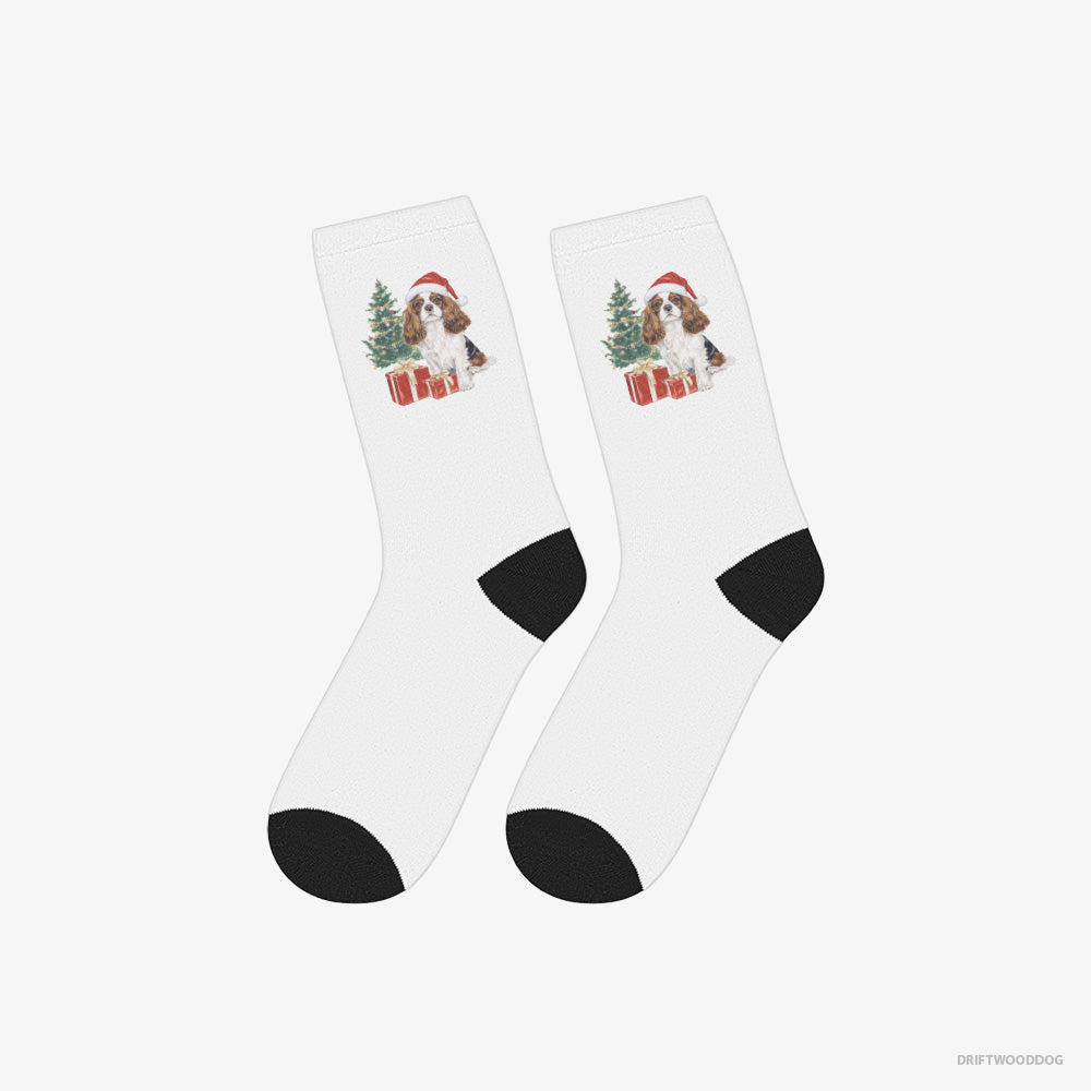 Cavalier King Charles Spaniel Socks – Unisex White Socks Classic – Sitting by the Christmas Tree (on White Background)