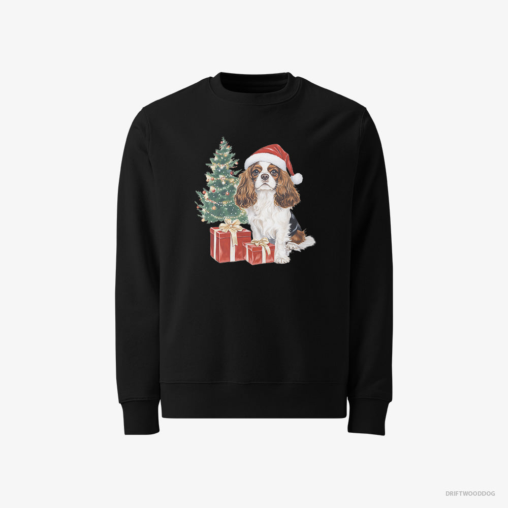 Cavalier King Charles Spaniel Sweatshirt – Men Black Sweatshirt Classic – Sitting by the Christmas Tree (on White Background)