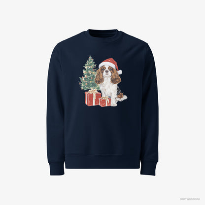 Cavalier King Charles Spaniel Sweatshirt – Men Navy Sweatshirt Classic – Sitting by the Christmas Tree (on White Background)