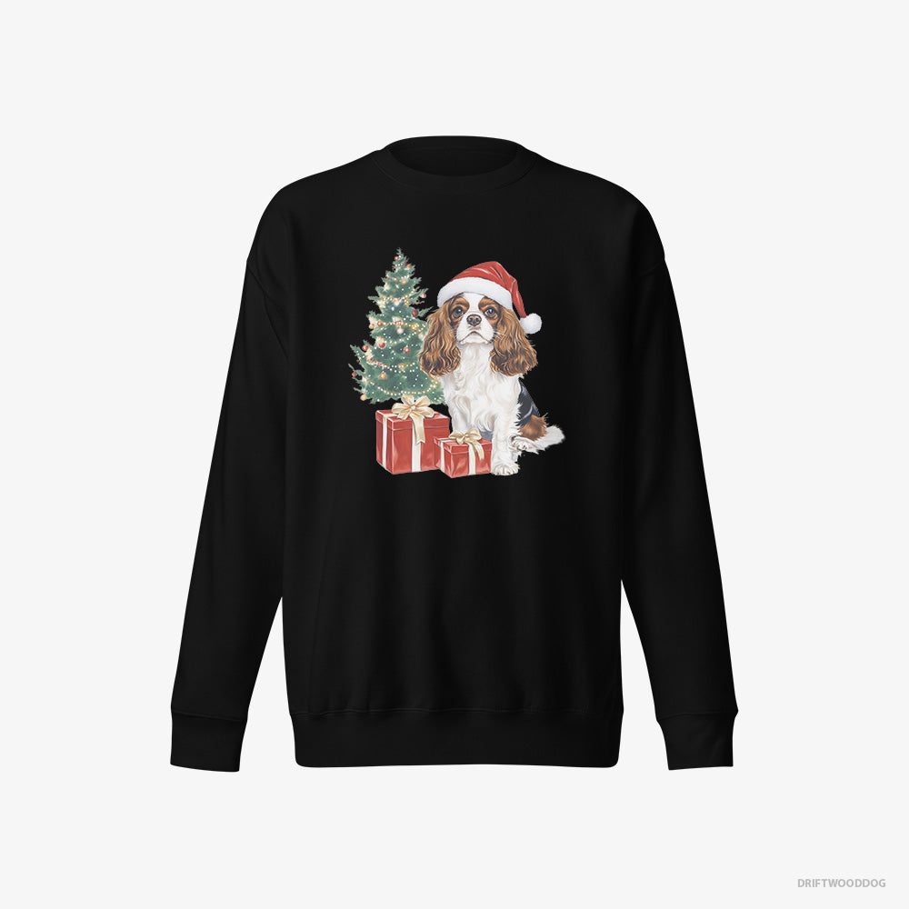 Cavalier King Charles Spaniel Sweatshirt – Men Black Sweatshirt Eco-Friendly – Sitting by the Christmas Tree (on White Background)