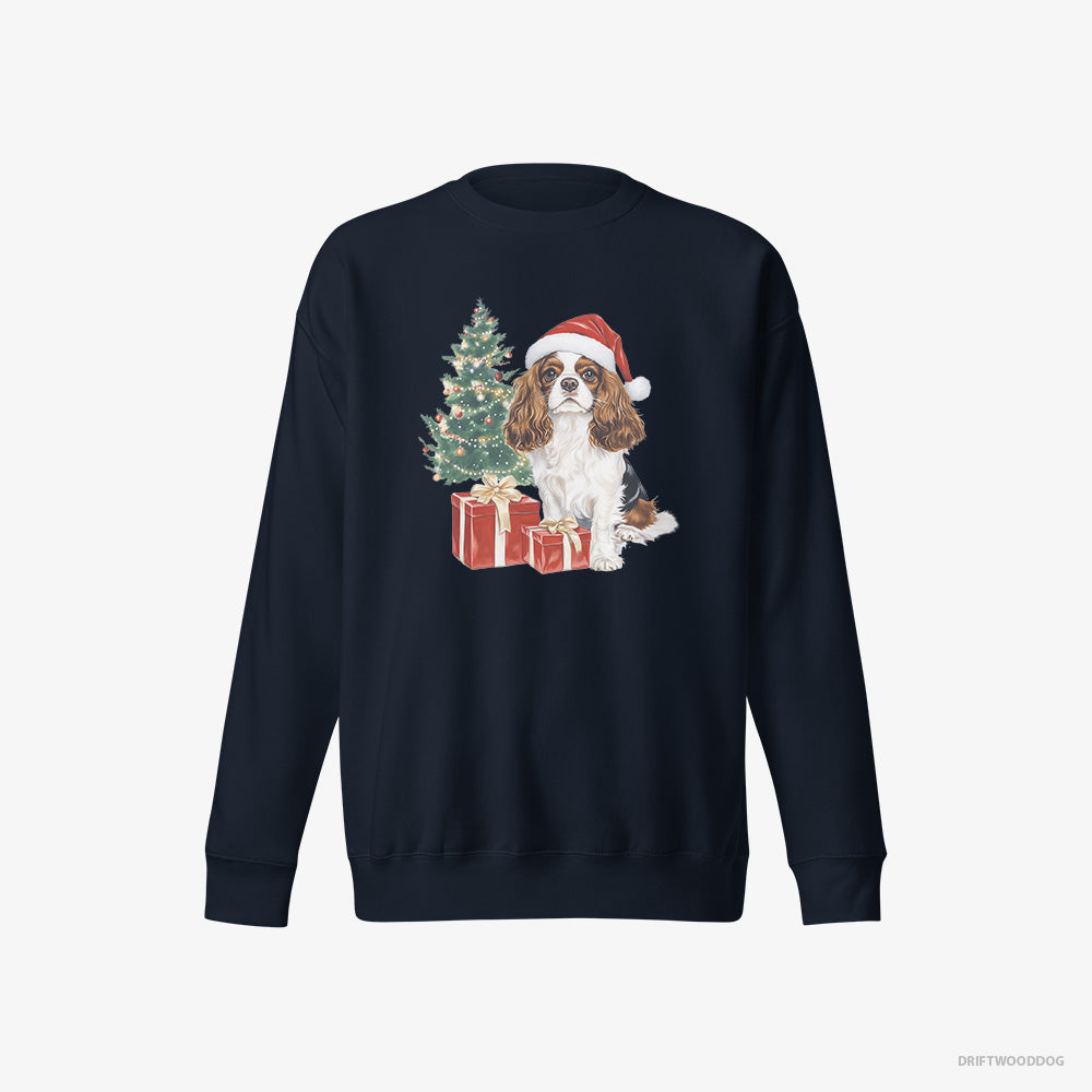 Cavalier King Charles Spaniel Sweatshirt – Women Navy Sweatshirt Eco-Friendly – Sitting by the Christmas Tree (on White Background)