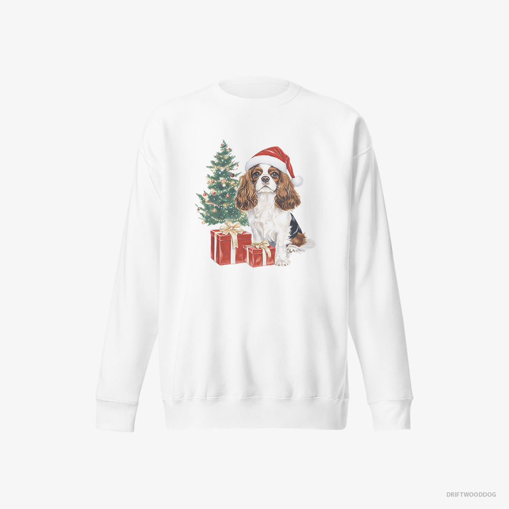 Cavalier King Charles Spaniel Sweatshirt – Men White Sweatshirt Eco-Friendly – Sitting by the Christmas Tree (on White Background)