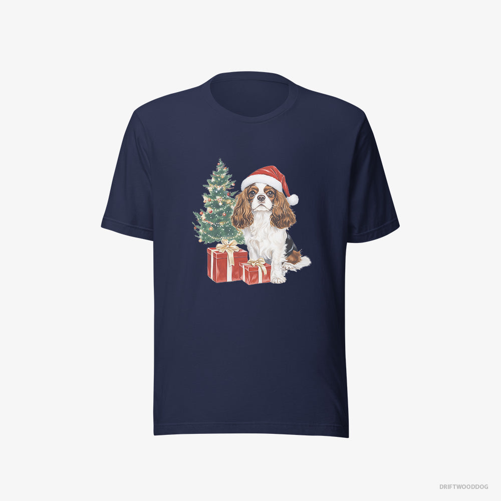 Cavalier King Charles Spaniel T-Shirt – Women Navy T-Shirt Eco-Friendly – Sitting by the Christmas Tree (on White Background)