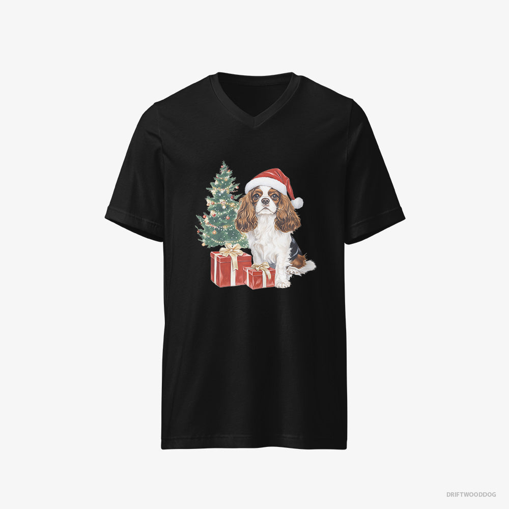 Cavalier King Charles Spaniel T-Shirt – Men Black T-Shirt V-Neck – Sitting by the Christmas Tree (on White Background)