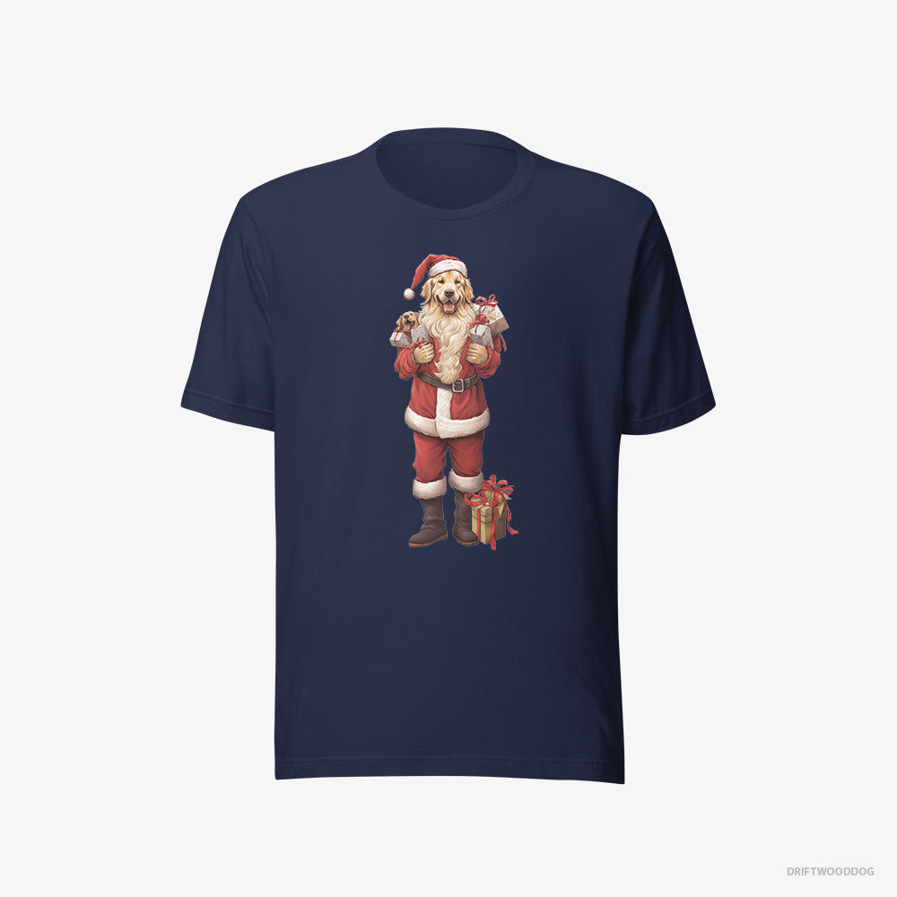 Golden Retriever T-Shirt – Women Navy T-Shirt Eco-Friendly – All Dressed Up as Santa (on White Background)