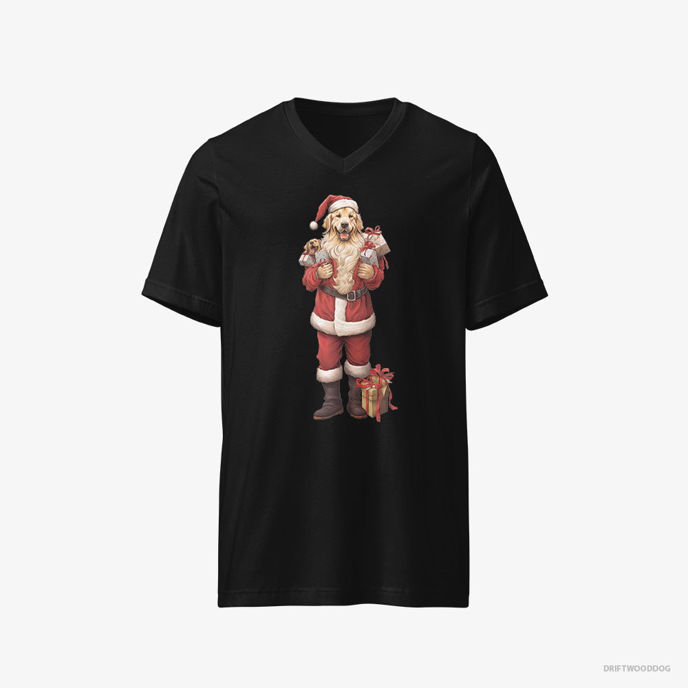 Golden Retriever T-Shirt – Men Black T-Shirt V-Neck – All Dressed Up as Santa (on White Background)