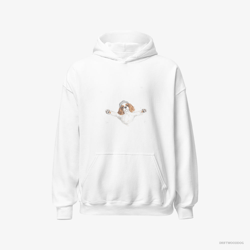 Cavalier King Charles Spaniel Hoodie – Men White Hoodie Classic – Rolling in the Snow (on White Background)