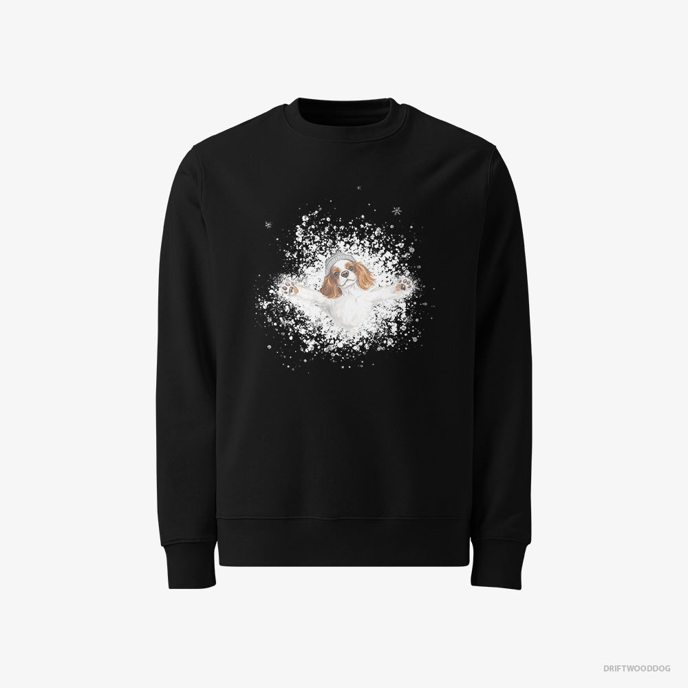 Cavalier King Charles Spaniel Sweatshirt – Men Black Sweatshirt Classic – Rolling in the Snow (on White Background)