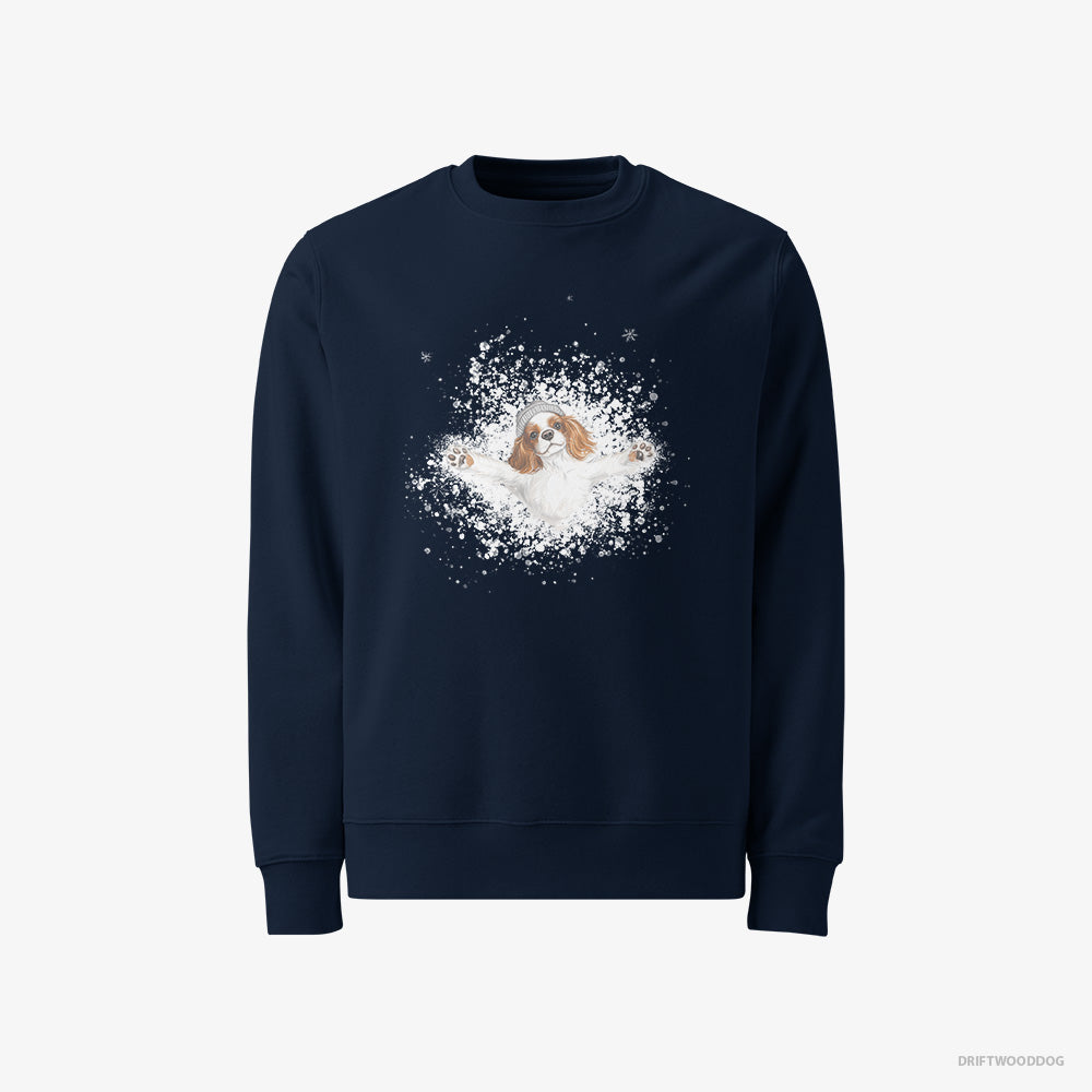 Cavalier King Charles Spaniel Sweatshirt – Men Navy Sweatshirt Classic – Rolling in the Snow (on White Background)