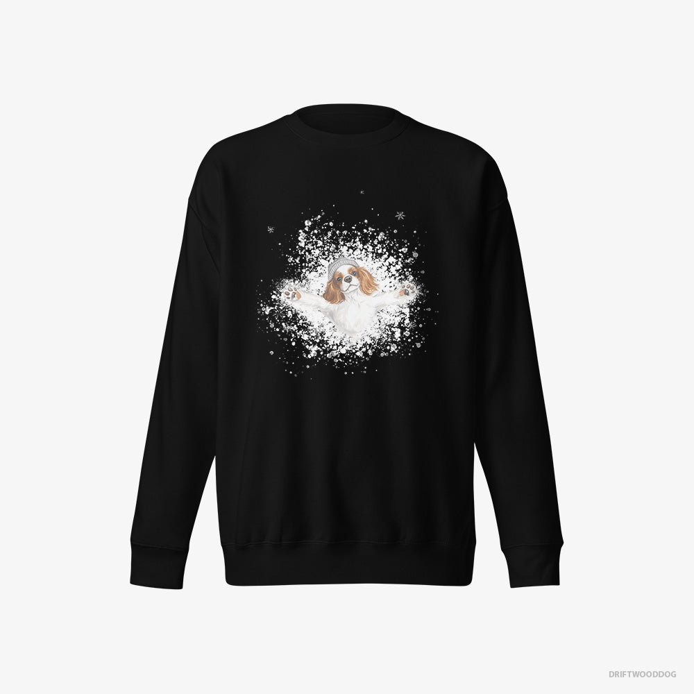 Cavalier King Charles Spaniel Sweatshirt – Men Black Sweatshirt Eco-Friendly – Rolling in the Snow (on White Background)