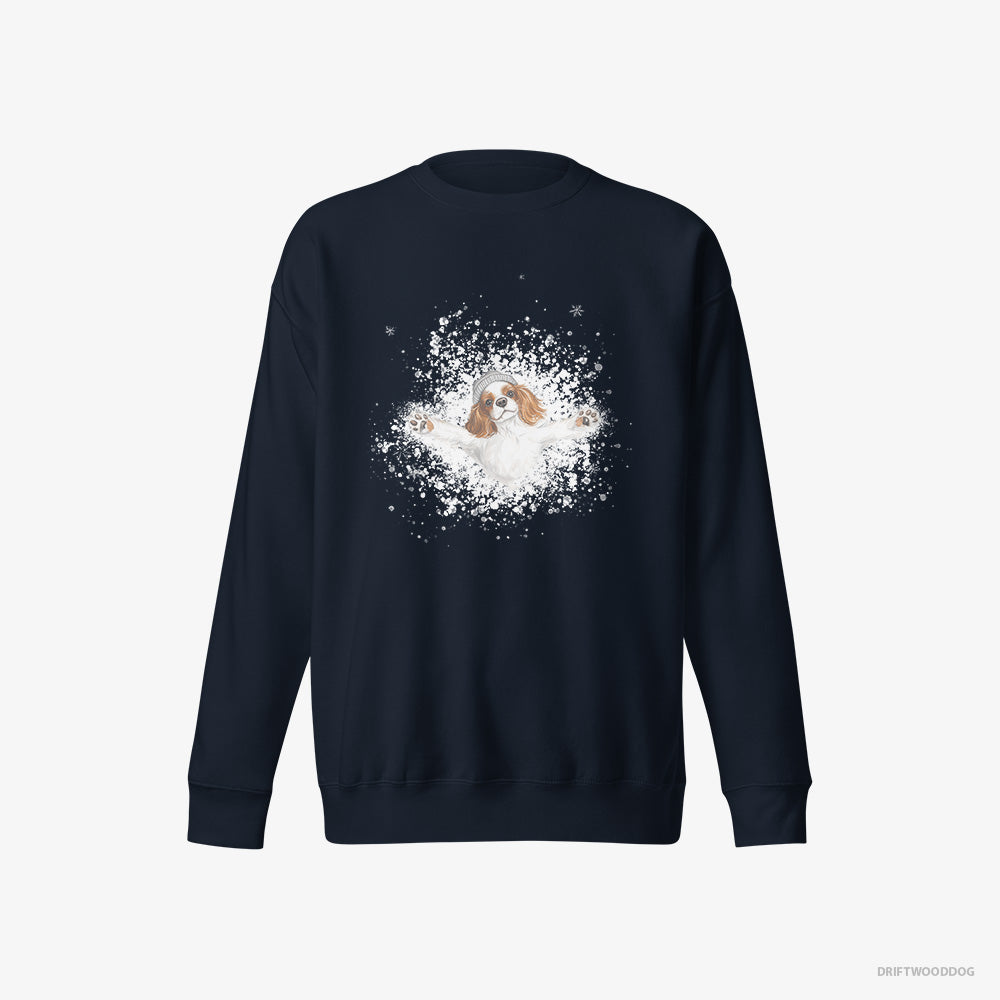 Cavalier King Charles Spaniel Sweatshirt – Women Navy Sweatshirt Eco-Friendly – Rolling in the Snow (on White Background)