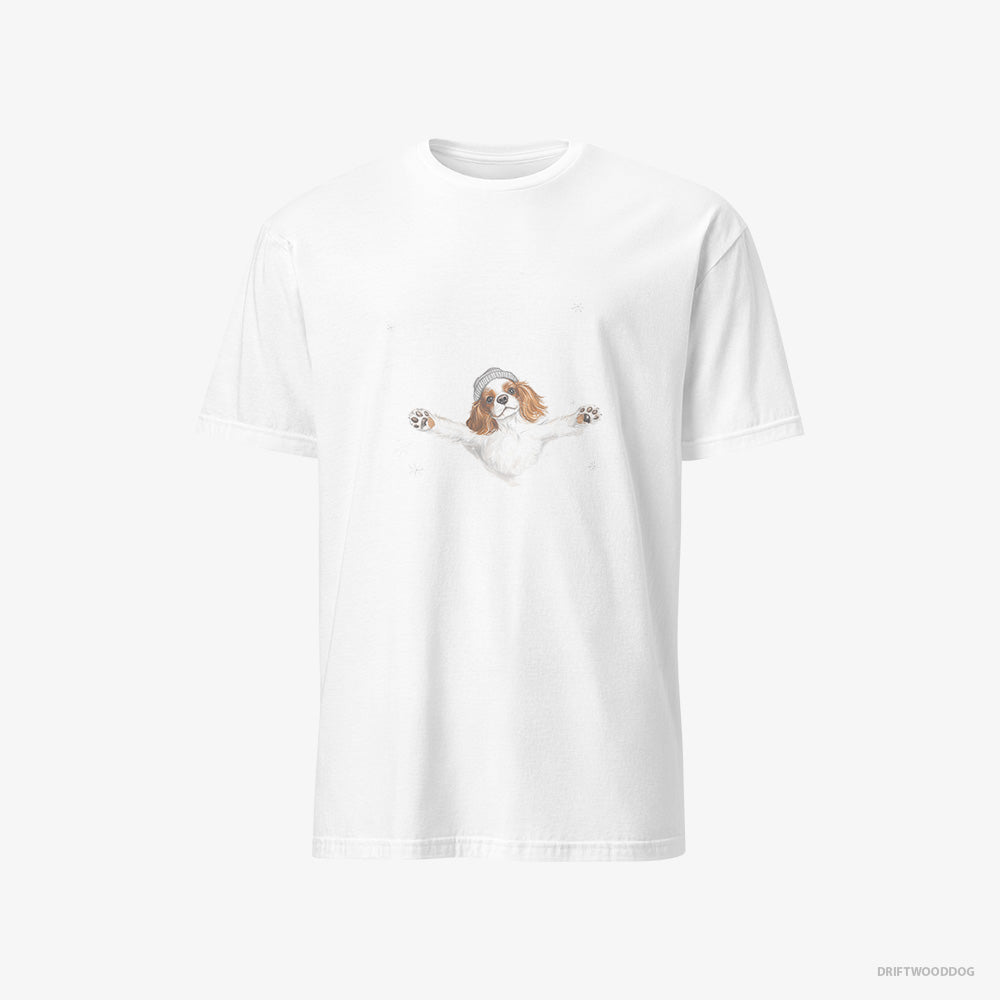 Cavalier King Charles Spaniel T-Shirt – Men White T-Shirt Classic – Rolling in the Snow (on White Background)