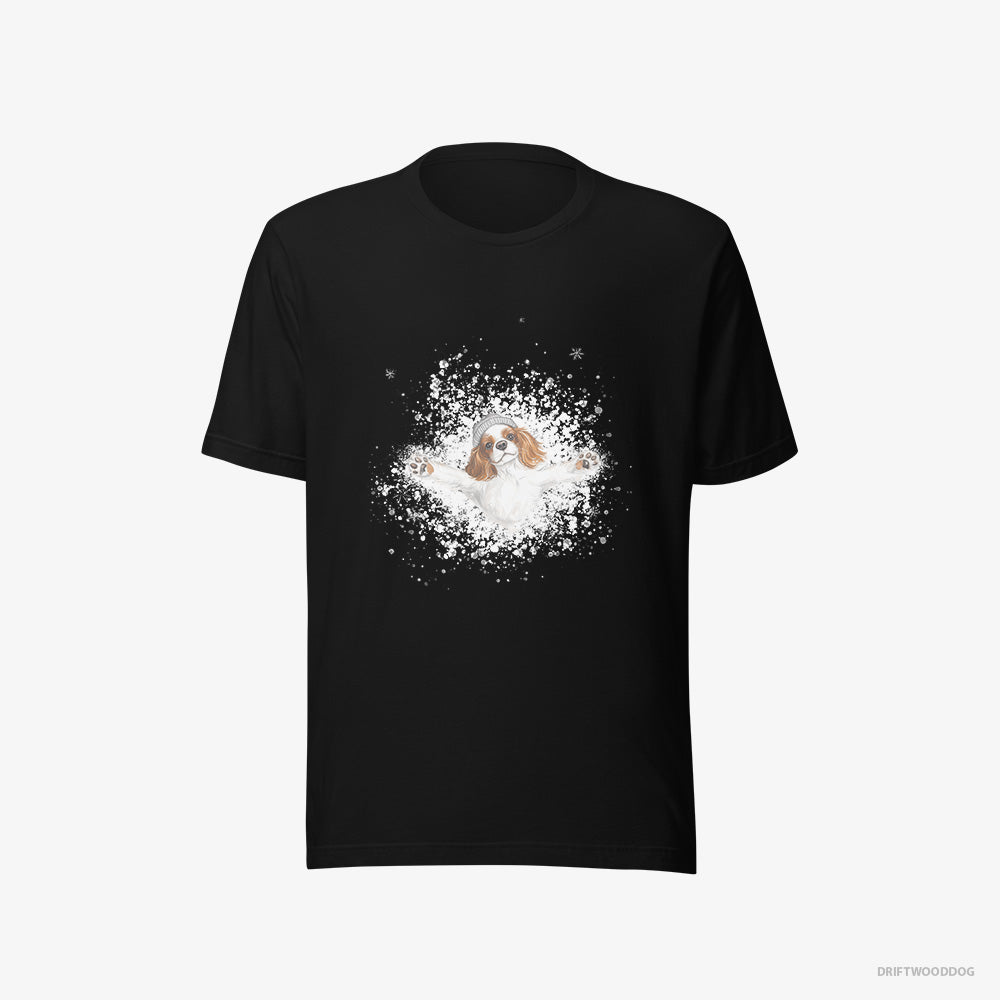 Cavalier King Charles Spaniel T-Shirt – Men Black T-Shirt Eco-Friendly – Rolling in the Snow (on White Background)