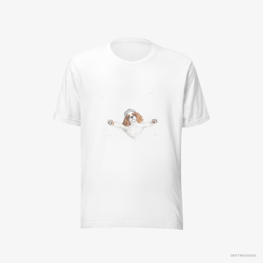 Cavalier King Charles Spaniel T-Shirt – Men White T-Shirt Eco-Friendly – Rolling in the Snow (on White Background)