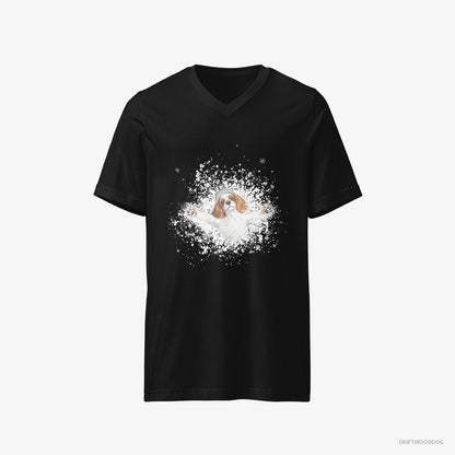 Cavalier King Charles Spaniel T-Shirt – Men Black T-Shirt V-Neck – Rolling in the Snow (on White Background)