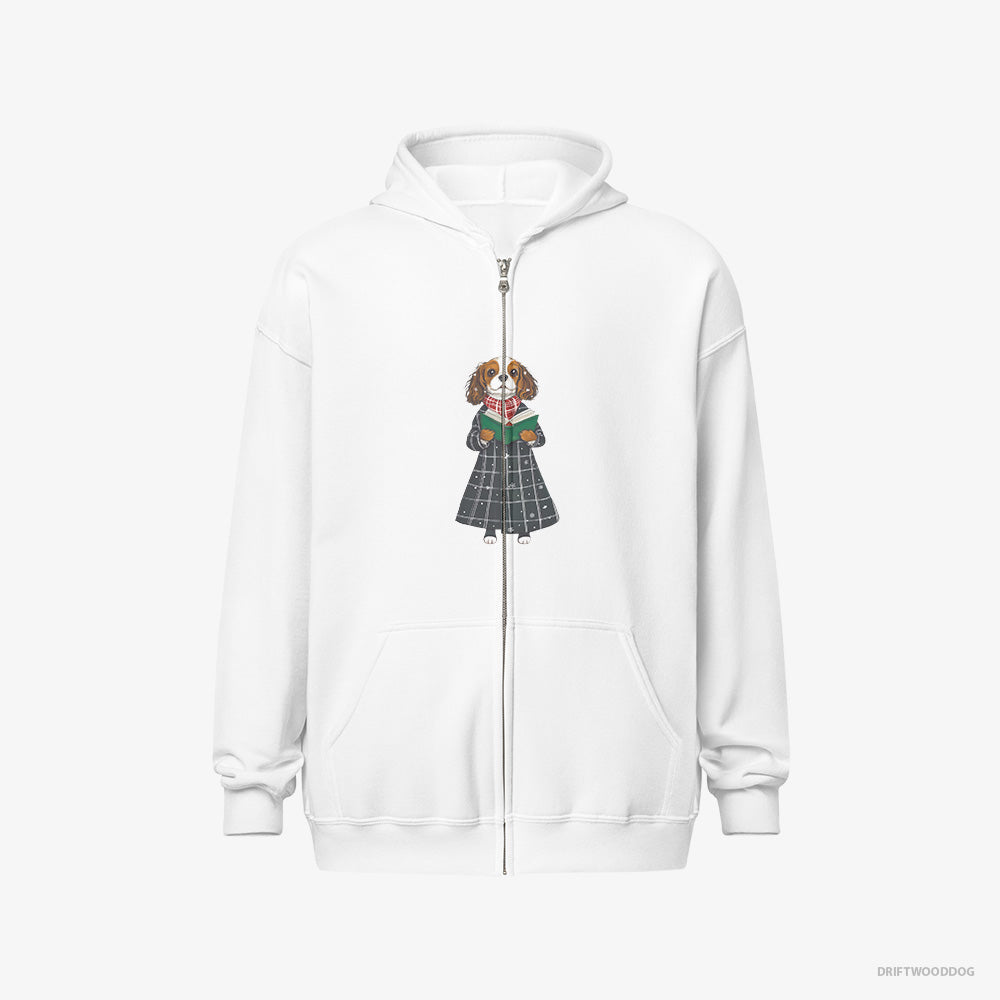 Cavalier King Charles Spaniel Hoodie – Men White Hoodie Full-Zip – Singing Carols (on White Background)