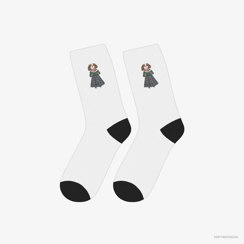 Cavalier King Charles Spaniel Socks – Unisex White Socks Classic – Singing Carols (on White Background)