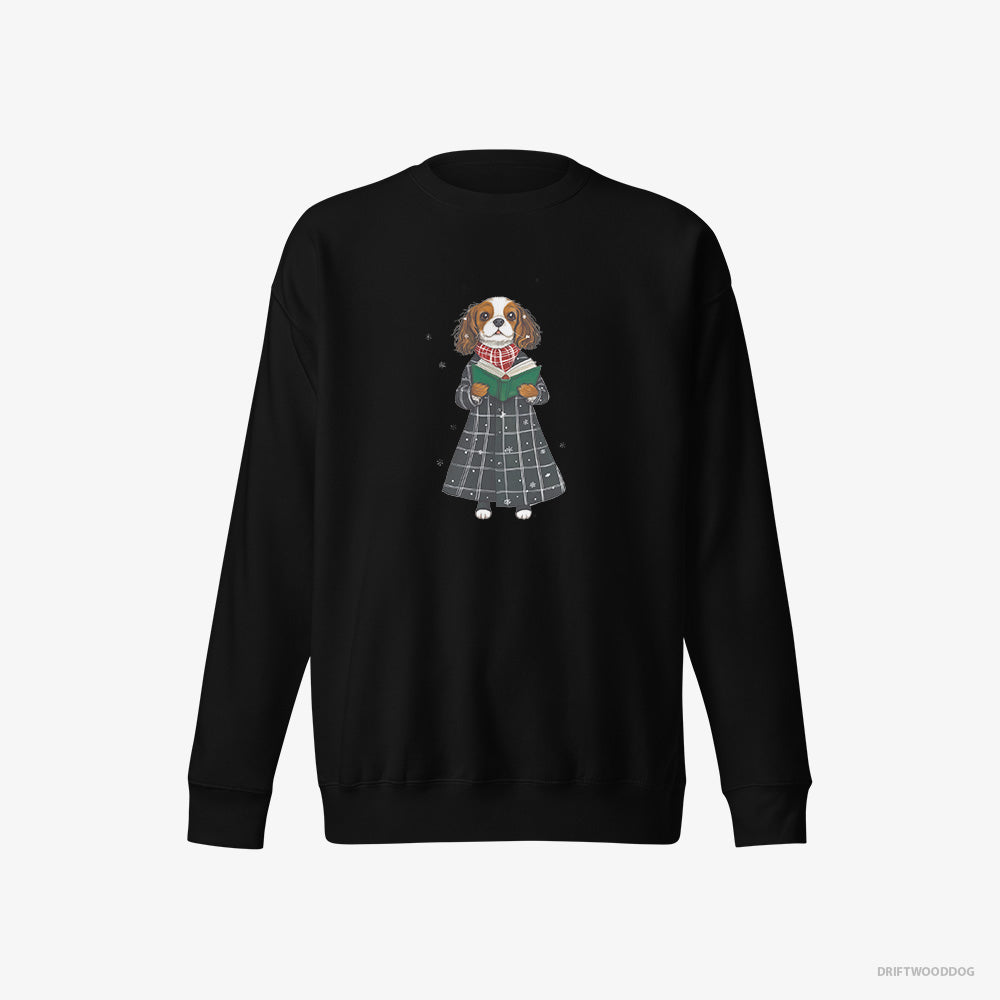 Cavalier King Charles Spaniel Sweatshirt – Women Black Sweatshirt Eco-Friendly – Singing Carols (on White Background)