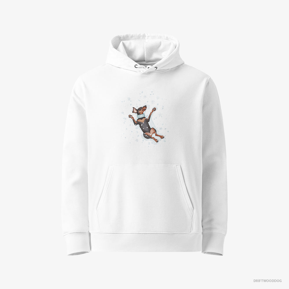 Dobermann Hoodie – Women White Hoodie Eco-Friendly – Making a Snow Angel (on White Background)