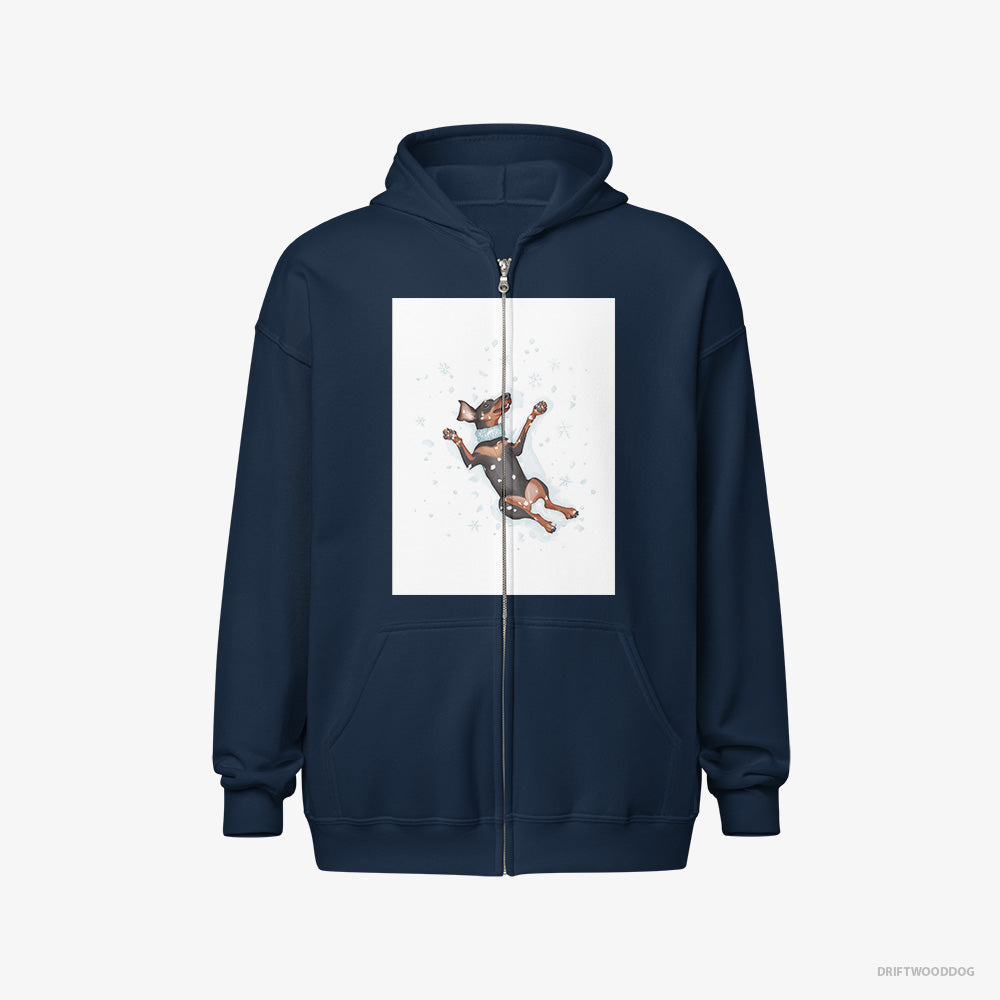 Dobermann Hoodie – Men Navy Hoodie Full-Zip – Making a Snow Angel (on White Background)