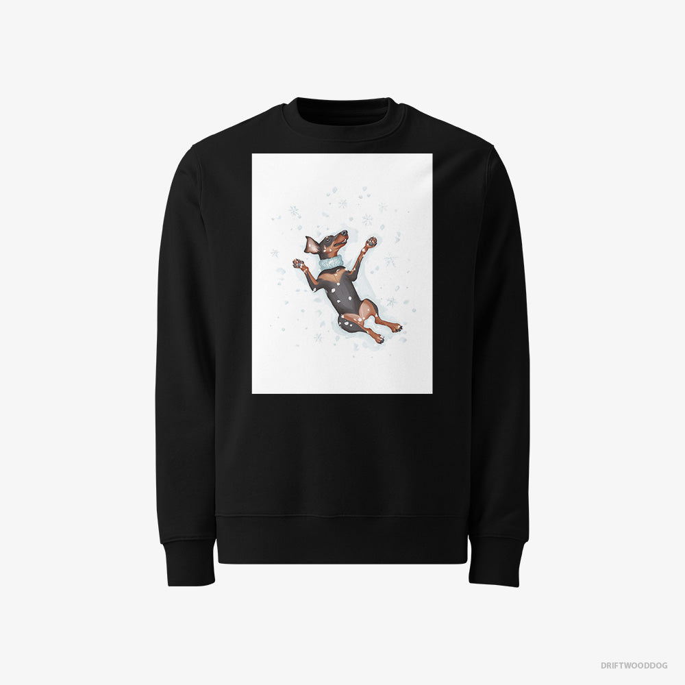 Dobermann Sweatshirt – Men Black Sweatshirt Classic – Making a Snow Angel (on White Background)