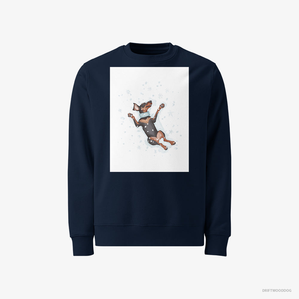 Dobermann Sweatshirt – Men Navy Sweatshirt Classic – Making a Snow Angel (on White Background)