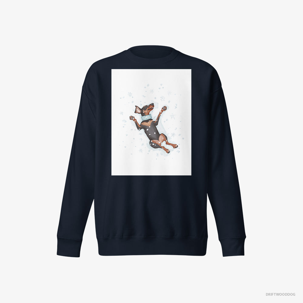 Dobermann Sweatshirt – Men Navy Sweatshirt Eco-Friendly – Making a Snow Angel (on White Background)