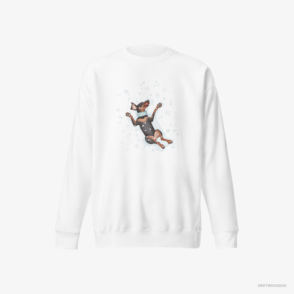 Dobermann Sweatshirt – Men White Sweatshirt Eco-Friendly – Making a Snow Angel (on White Background)